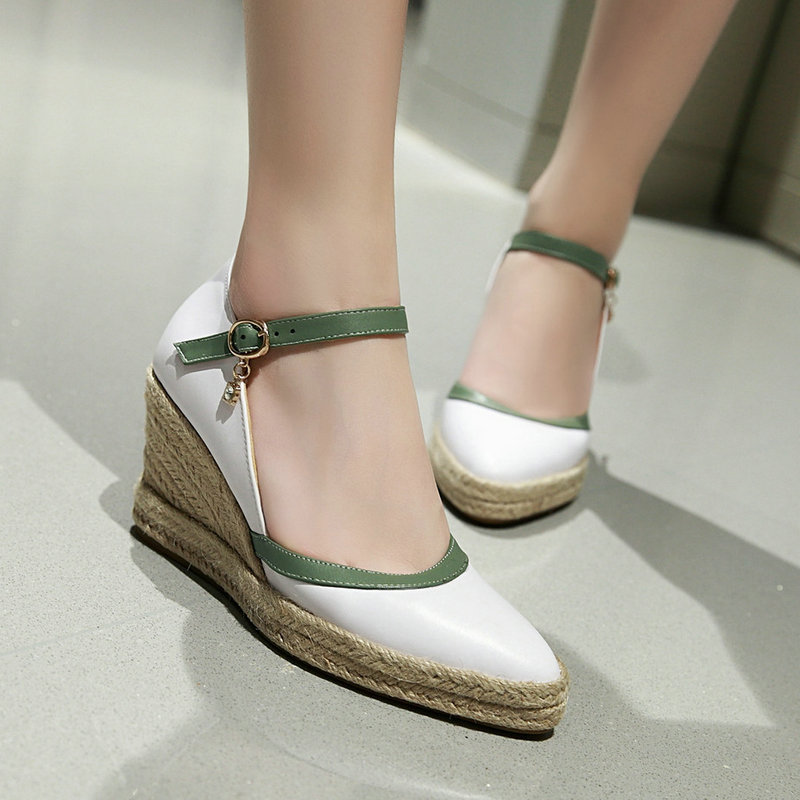 坡跟单鞋女搭扣春季新款浅口v口高跟鞋百搭厚底防水台尖头女鞋子