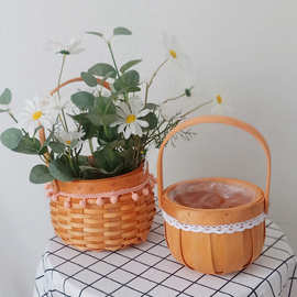 清仓促销蕾丝手提木片花篮球球木片手提篮手工花篮花盆创意花篮