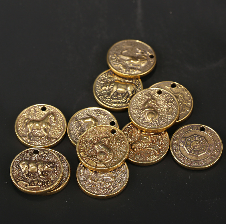 十二生肖小铜币虎兔鼠牛马羊龙蛇猴鸡狗猪纯黄铜车钥匙扣挂件吊坠