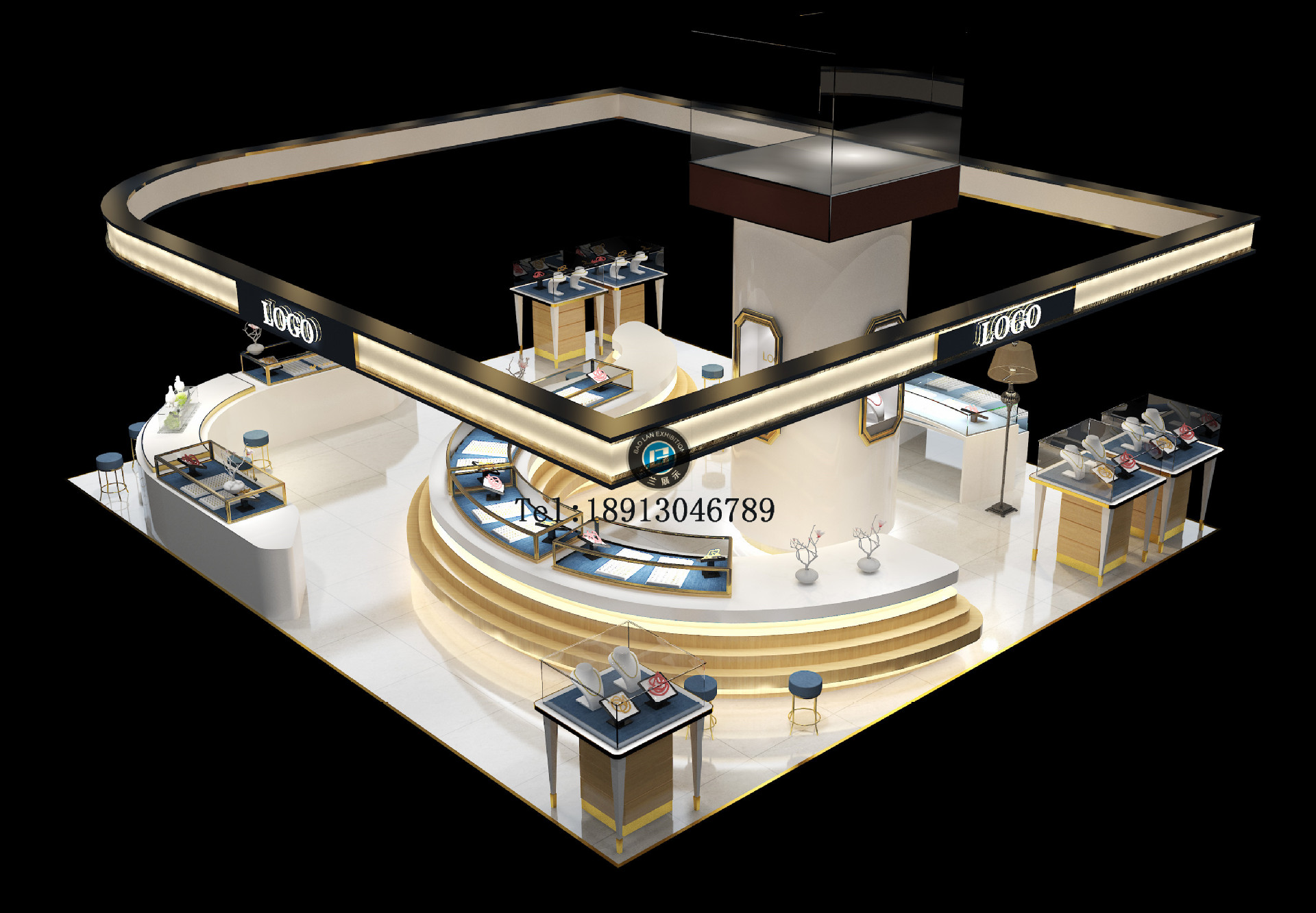 高档珠宝柜台展柜异形珠宝中岛柜定制铝合金烤漆玻璃珠宝展柜