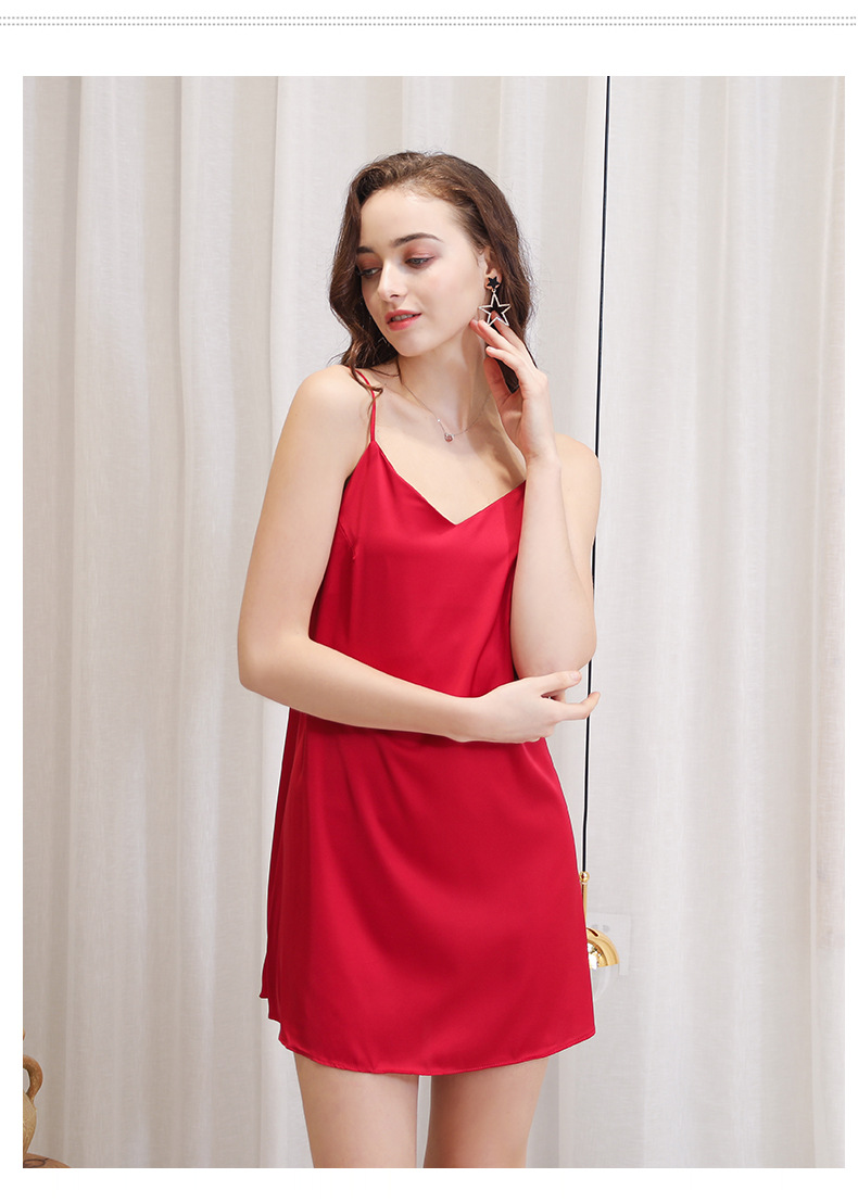 家居服吊带睡衣女士夏季性感丝绸仿真丝韩版春秋丝绸红色睡裙vv