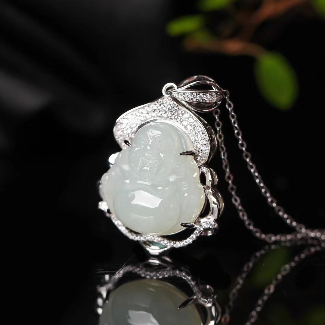 批发和田玉白玉佛公吊坠925银镶白玉笑佛吊坠羊脂玉弥勒佛 配证书