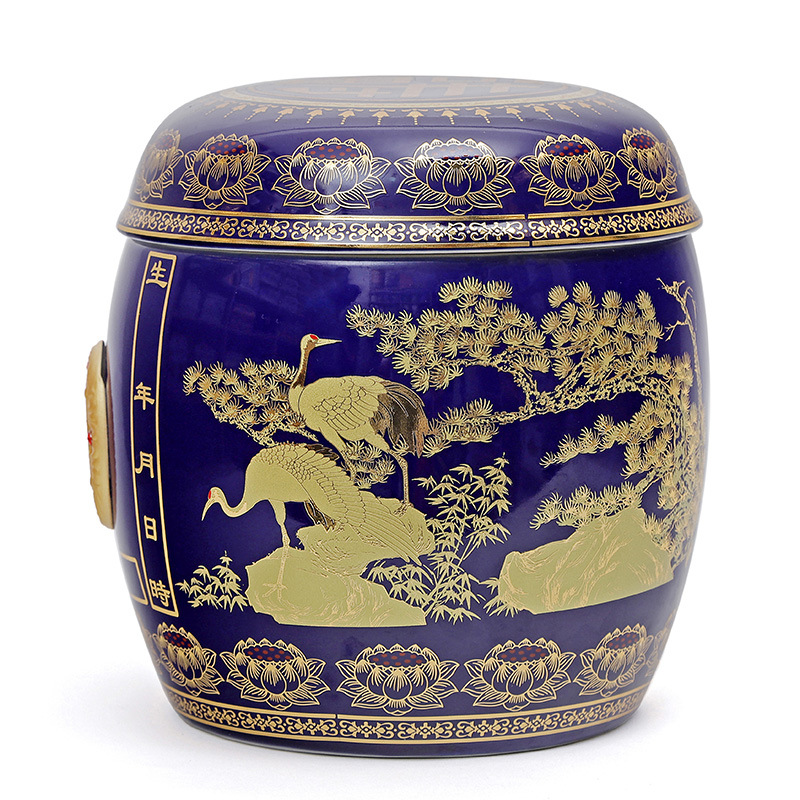 白色松鹤骨灰罐陶瓷骨灰坛出口 景泰蓝骨灰盒 殡仪丧葬用品