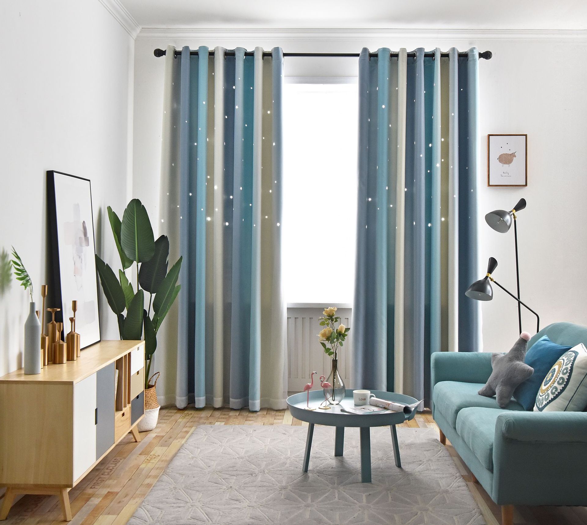 镂空星星渐变双层全遮光北欧风抖音网红窗帘成品蕾丝飘窗客厅定制