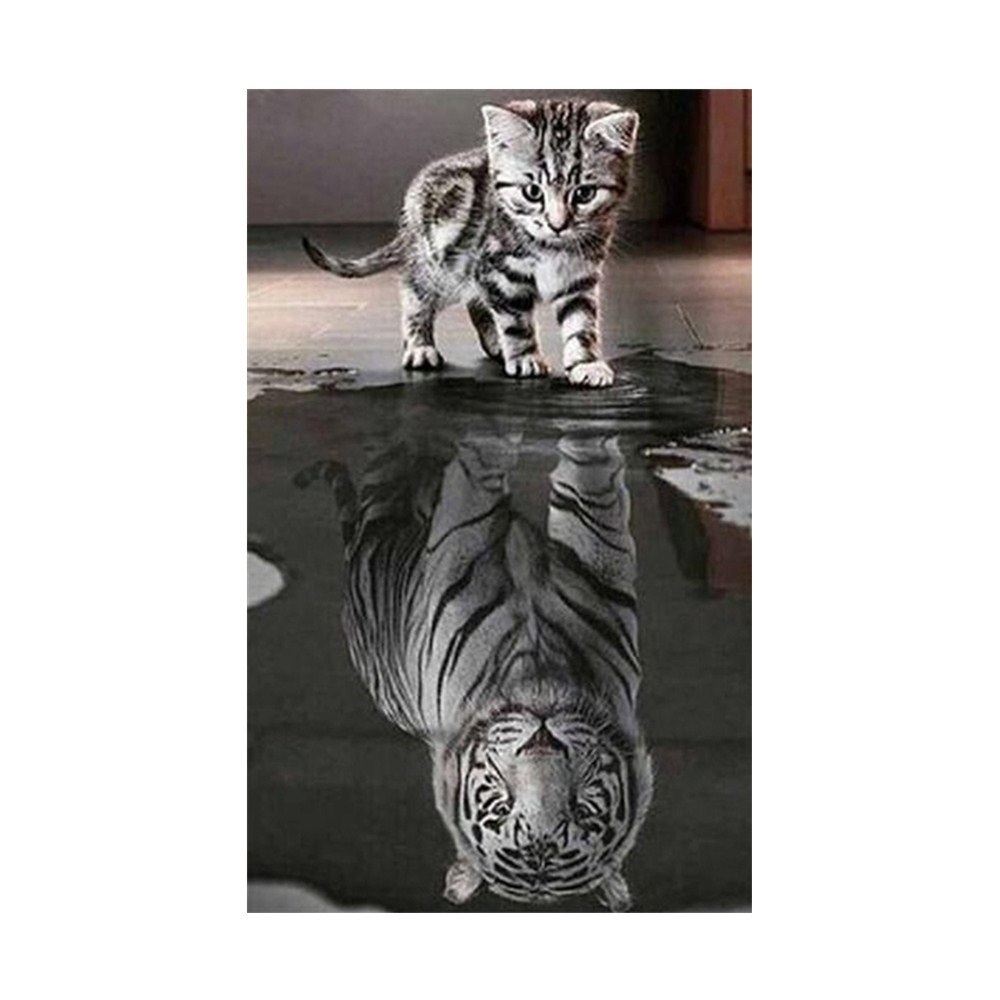 外贸5d钻石画diy十字绣猫倒影老虎2.8尖顶卧室客厅装饰绣一件代发