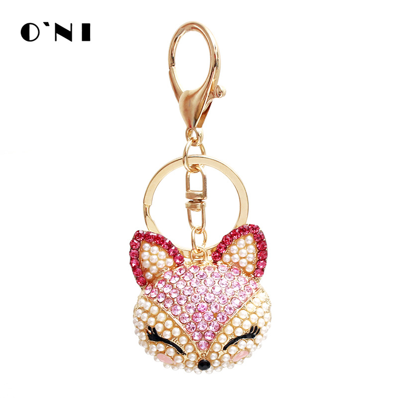 Supply Gift Pearl Fox Head Keychain Cute Creative Diamond-Embedded Ali Accessories Handbag Pendant Customized