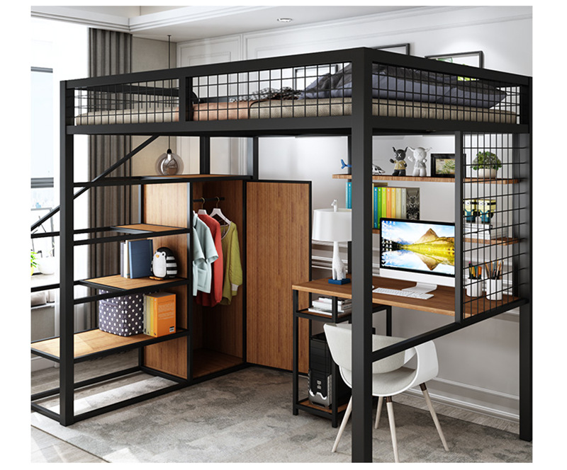 北欧单身公寓铁艺高架床上床下桌带衣柜个人双层铁床宿舍多功能床