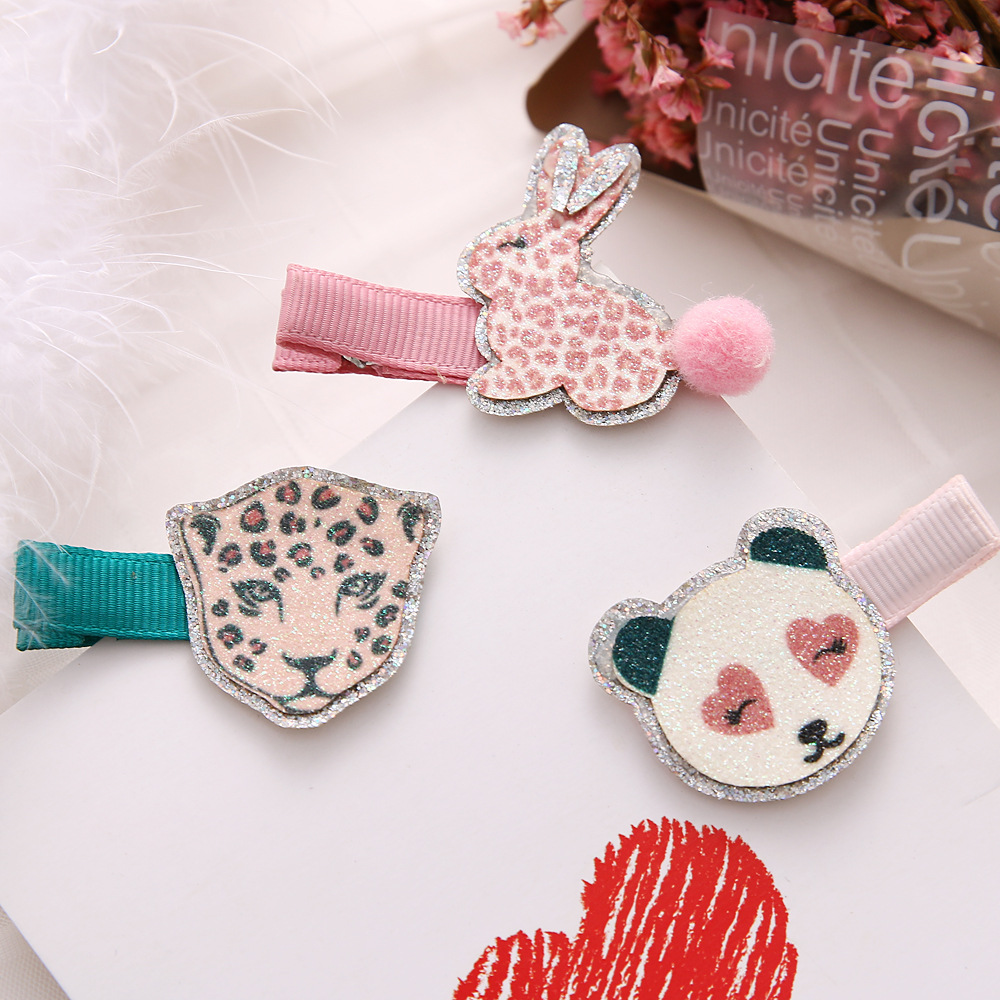 2020跨境新款闪粉亮片发饰可爱兔子熊猫花豹图案边夹卡通儿童发夹