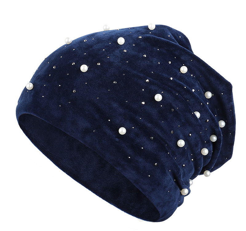 跨境包头堆堆天鹅绒珍珠针织帽秋冬女士女孩保暖毛线帽子2019新款