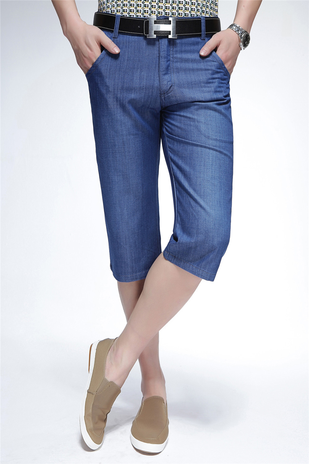 品牌直筒牛仔七分裤棉微弹时尚短裤夏季薄款磨休闲男式牛仔七分裤