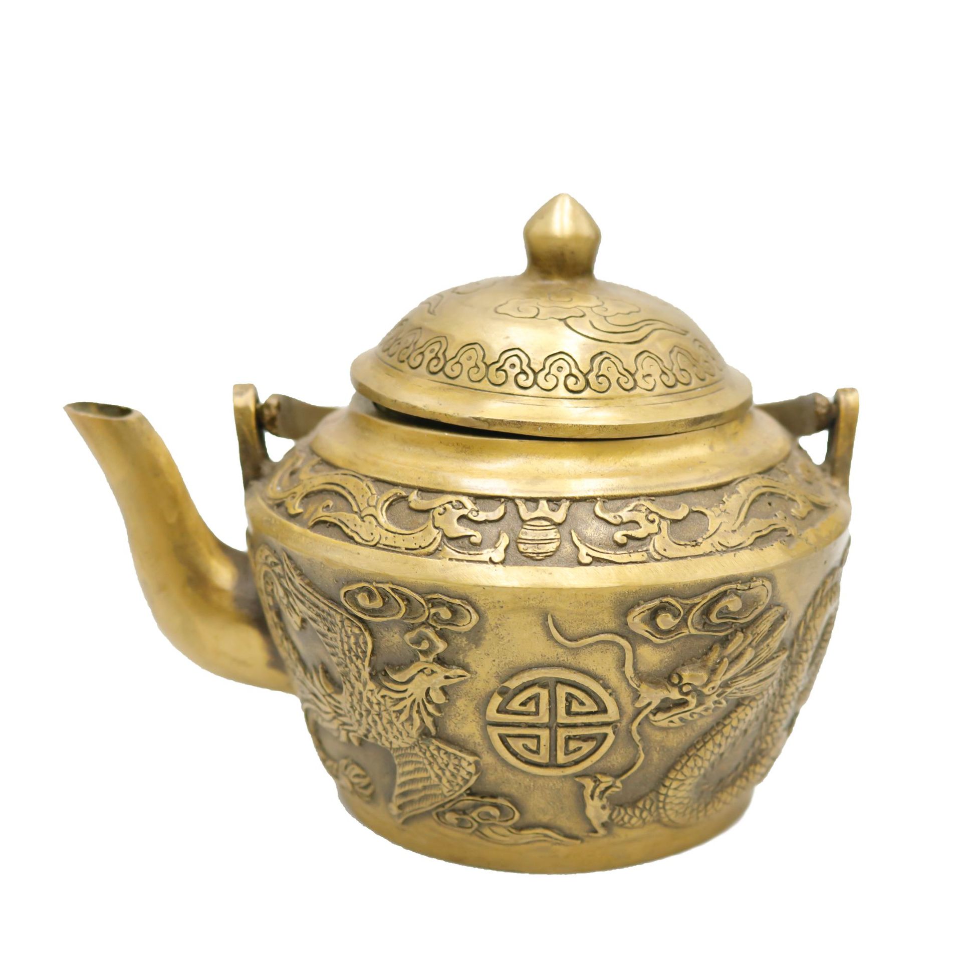 铜壶黄铜龙凤呈祥酒壶茶壶乾隆年制古玩收藏做旧杂项铜器工艺品