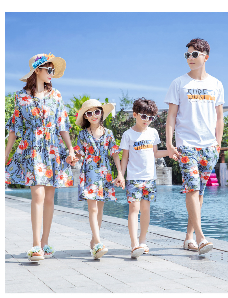 沙滩亲子装夏装海边度假一家三口母女装大码连衣裙父子短袖套装潮
