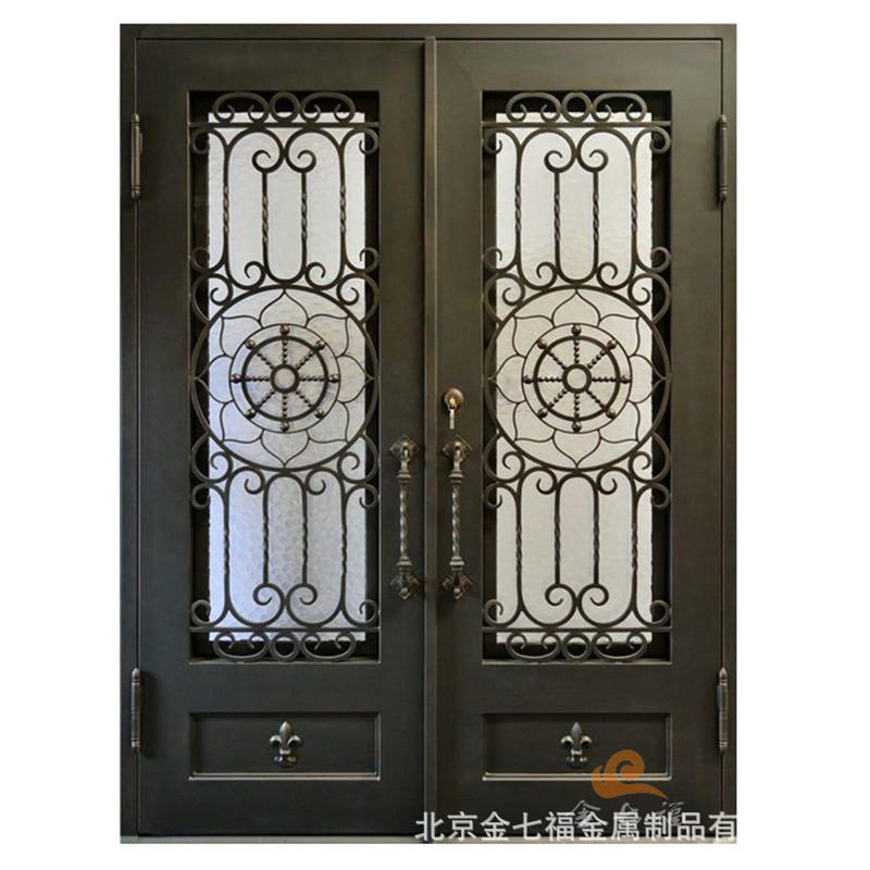 工厂加工锻打铁艺花园大门进户平开欧式古铜色弧形纱门隐私防盗门