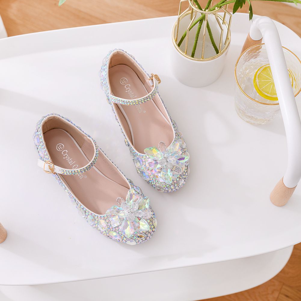 女童水晶水钻平底休闲单鞋圆头玛丽珍水钻婚礼女童单鞋表演演出鞋