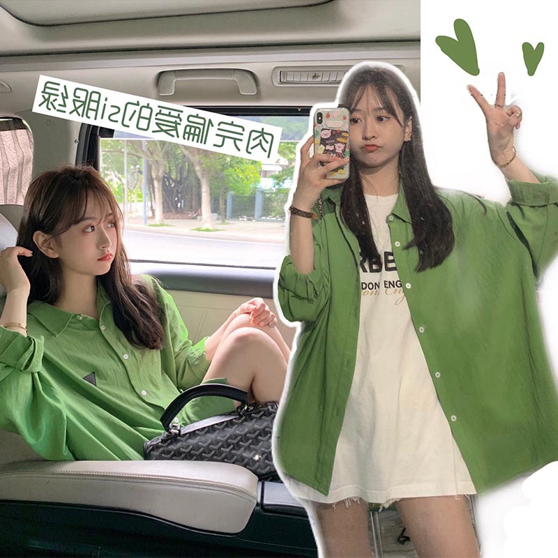 复古港味牛油果色衬衫女夏设计感小众中长款长袖防晒衬衣潮流女装
