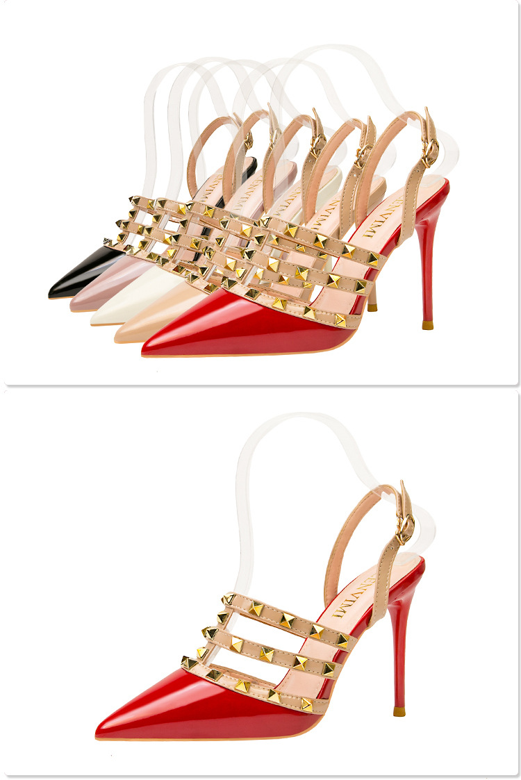 9268-25欧美性感尖头罗马高跟鞋夜店显瘦铆钉女凉鞋细跟后空女鞋