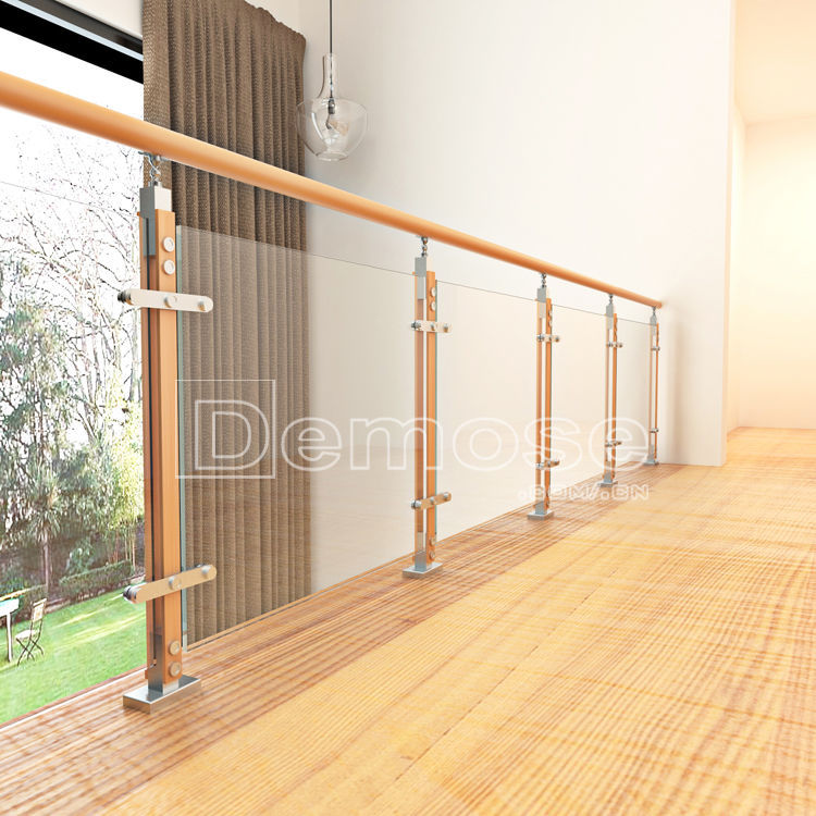 商业大厦楼梯实木扶手 大堂砂光立柱栏杆 不锈钢钢化玻璃弯弧栏板