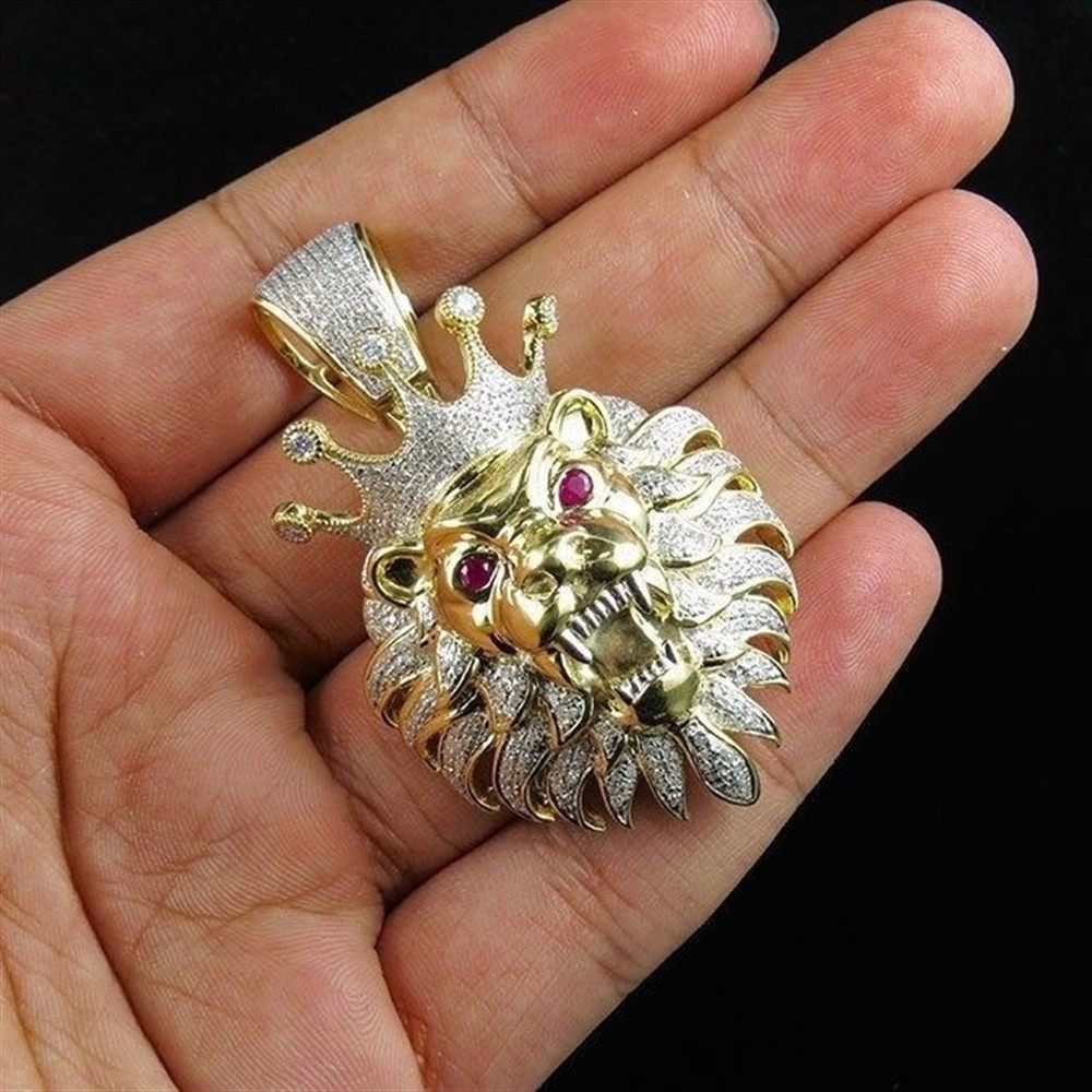 wish热卖亚马逊跨境畅销欧美嘻哈皇冠狮子头镶钻吊坠项链现货供应