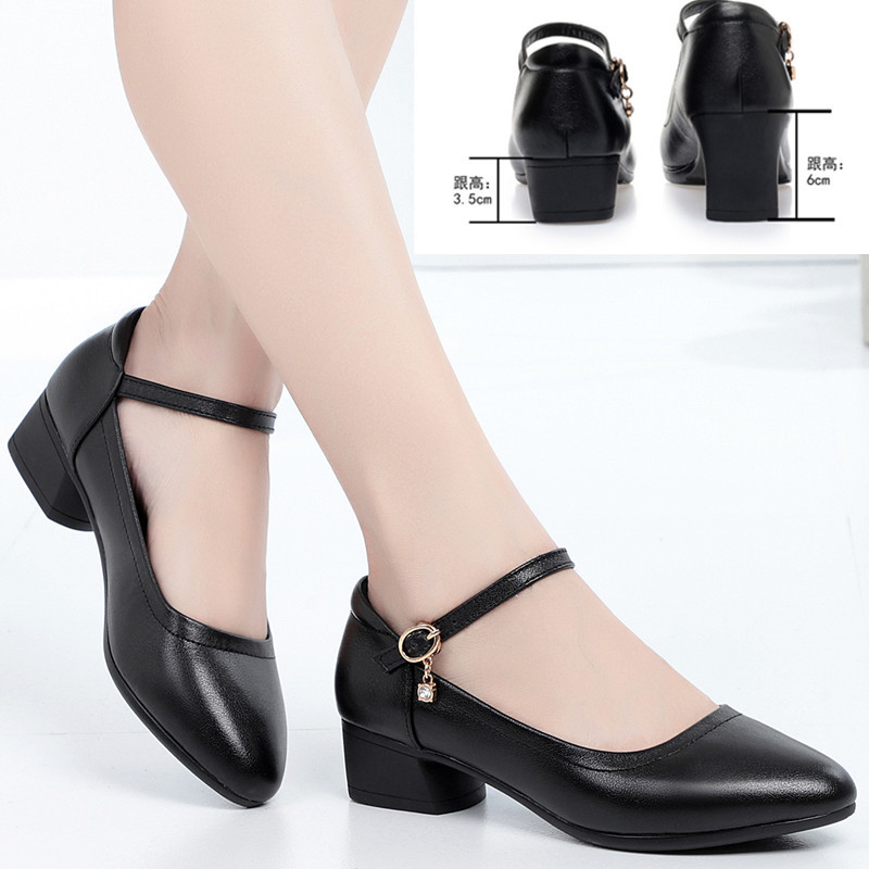 春秋真皮女士皮鞋单鞋女中跟牛皮粗跟黑色职业工作鞋大码妈妈鞋子