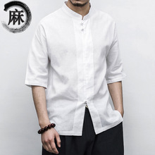 2022夏季新款男士亚麻休闲短袖衬衫 中国风盘扣男士大码棉麻衬衣