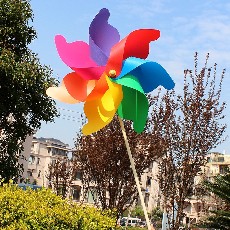 热卖户外大号80cm七彩木杆风车 塑料花园风车批发园林楼盘装饰