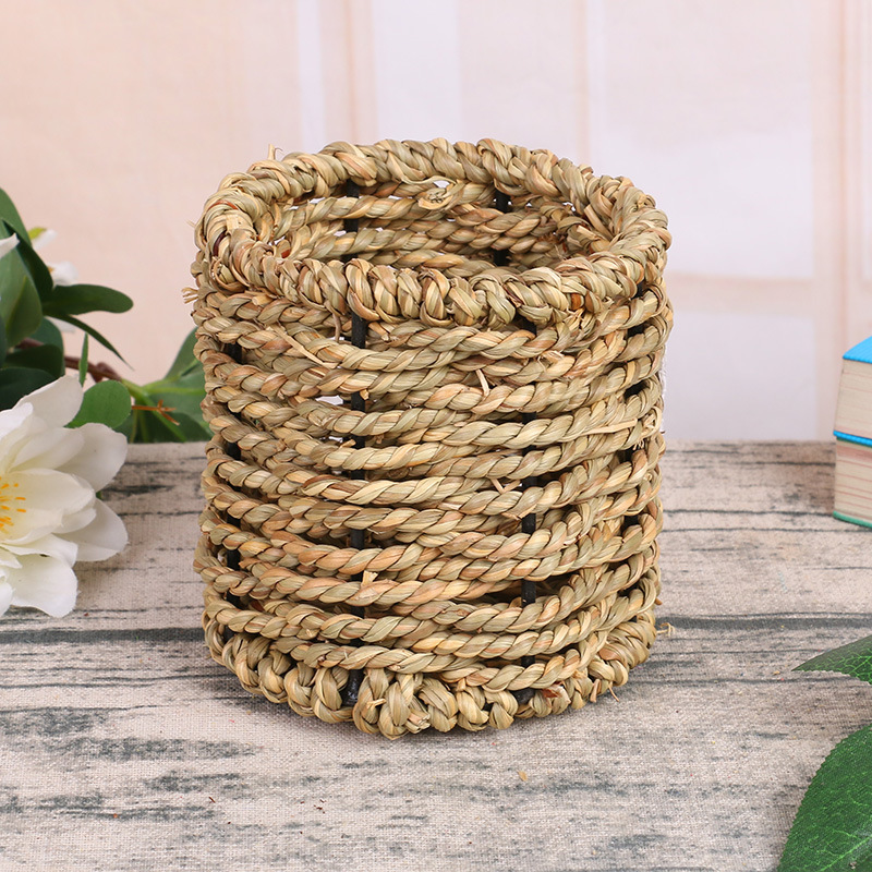 创意草编工艺品圆柱草编花篮花桶 桌面摆件装饰用品家居摆件