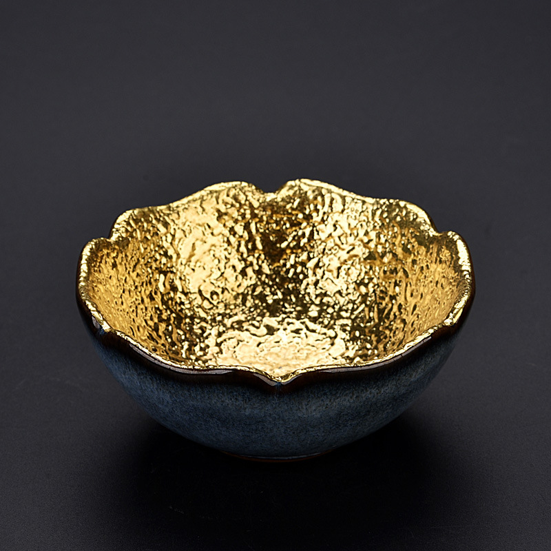 黄金盏陶瓷鎏金茶杯纯手工纯24k金主人杯单杯品茗杯钧瓷窑变金杯