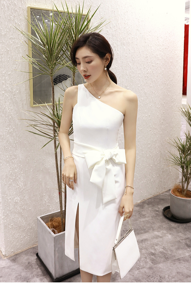年会主持性感气质斜肩白蝴蝶结系带礼服简约修身-开叉包臀裙64706