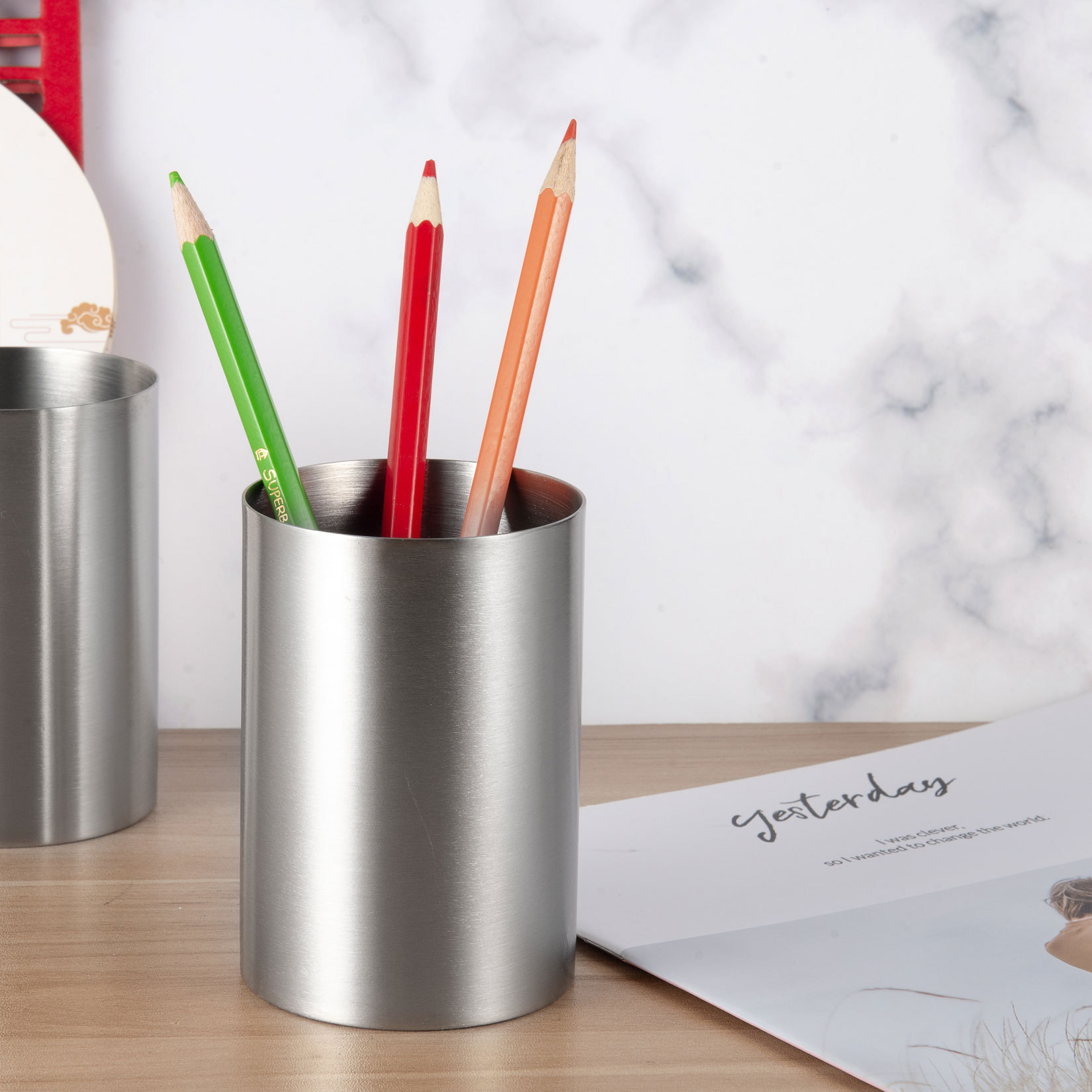 出口品质304不锈钢圆柱磨砂小笔筒 化妆毛刷筒 6.5*9.5厘米