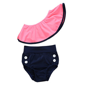 儿童泳衣女分体泳裤套宝宝粉色荷叶领斜肩上衣纽扣三角泳裤泳装潮