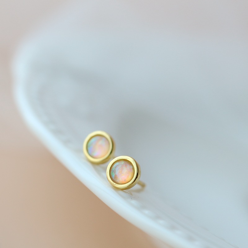 纳福阁银饰批发 925纯银镶欧泊圆耳钉 防过敏女款镀金银耳钉-阿里巴巴