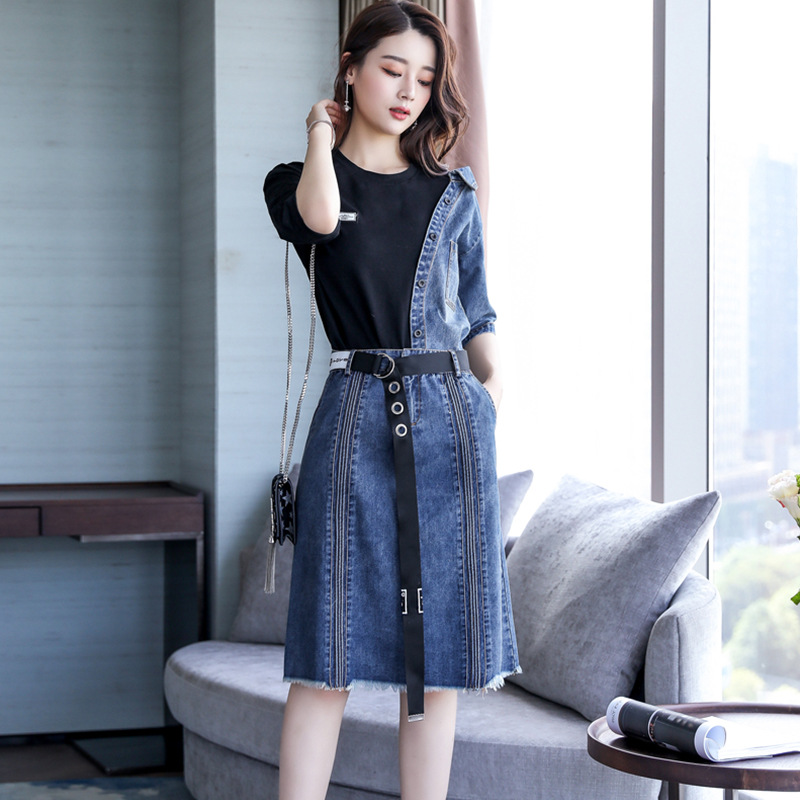 春夏舂季新款春款女装2020年时髦休闲套装衣服新品牛仔个性连衣裙