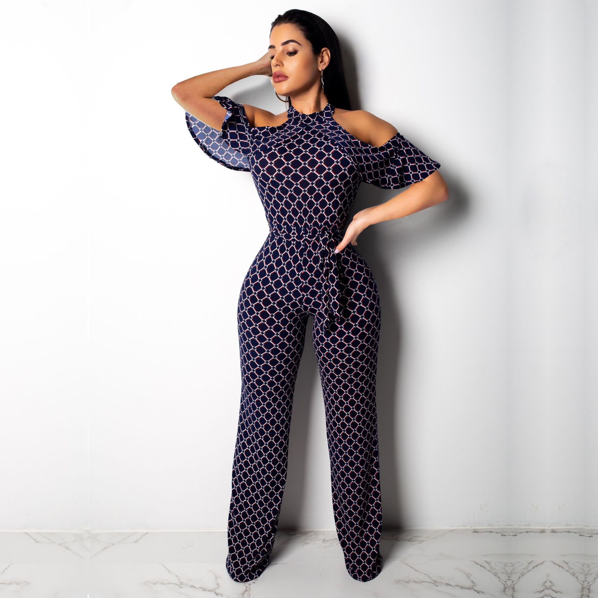 2019新款亚马逊 欧美性感时尚数码印花短袖女装连体裤