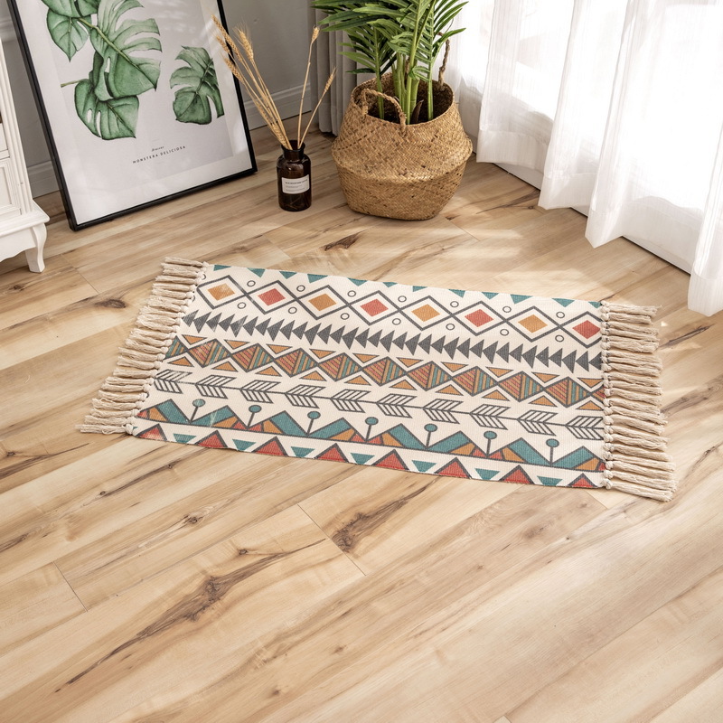 Retro Ethnic Style Tassel Floor Mat Nordic Simple Cotton Linen Door Mat Bedroom Bedside Foot Mat Living Room Coffee Table Carpet