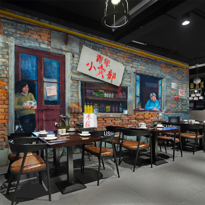 3d饭店80年代复古怀旧供销站小卖部壁画烧烤店餐厅壁纸火锅店墙纸