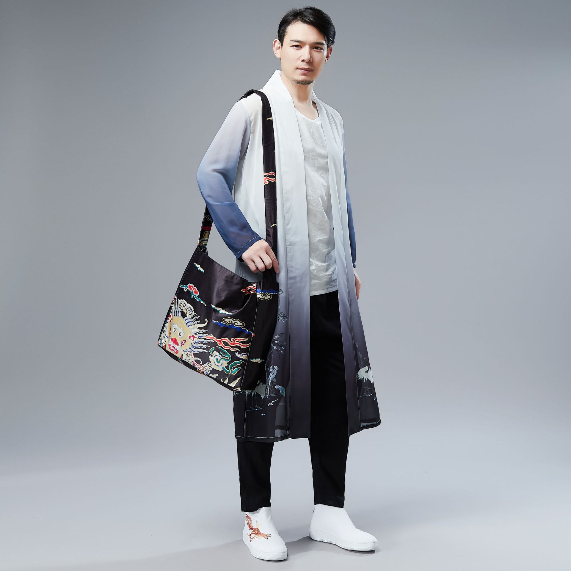 22夏季百鸟长衫风男装雪纺印花长衫薄款休闲防shai衣中式汉服