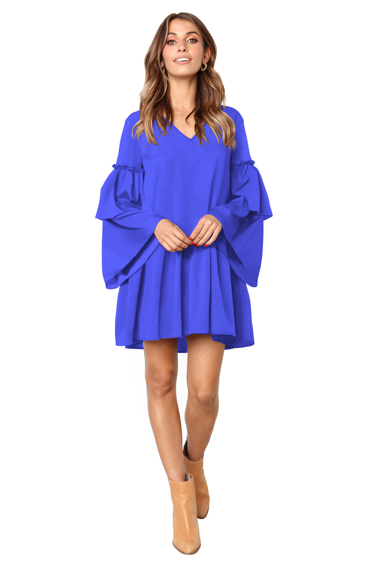 2019新款人棉堆堆袖宽松连衣裙 4色5码现货出售