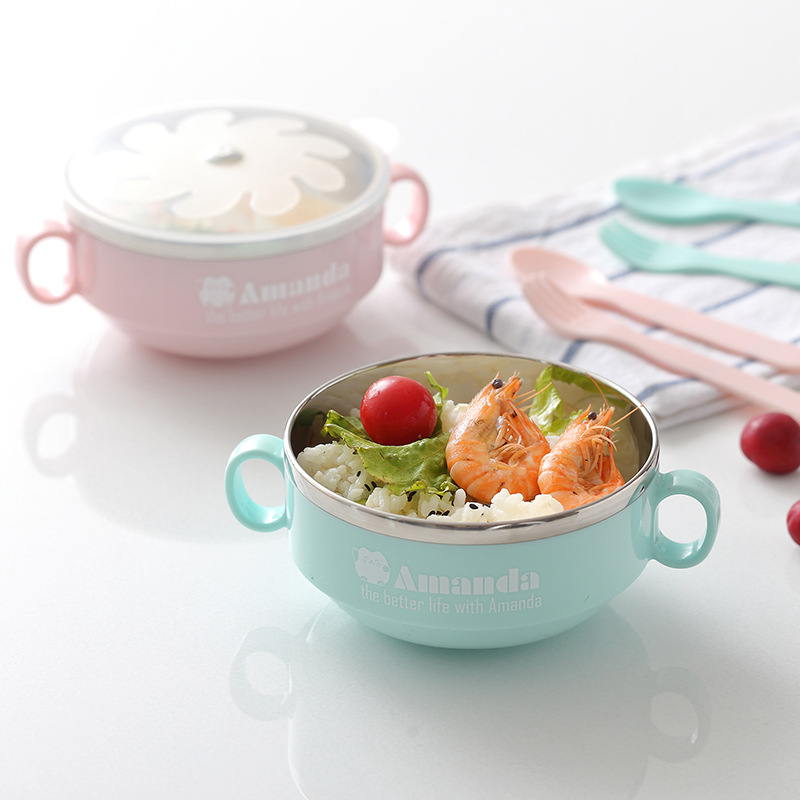 大号儿童餐具婴幼儿辅食碗不锈钢吃饭碗叉勺套装-380ml