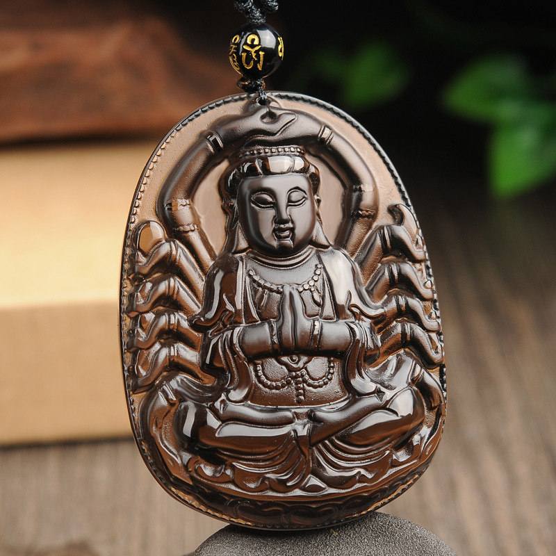 天然黑曜石冰种千手观音吊坠黑曜石批发生肖本命佛守护神项链