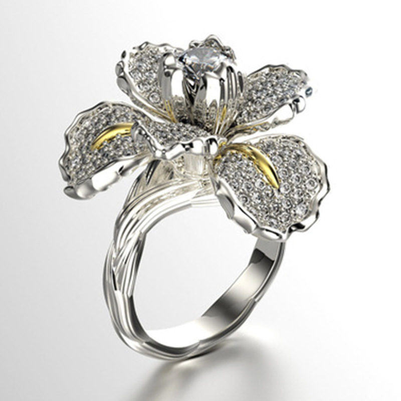 晨睿wish跨境电商货源新款满钻鸢尾花双色戒指欧美蓝色花朵女饰品