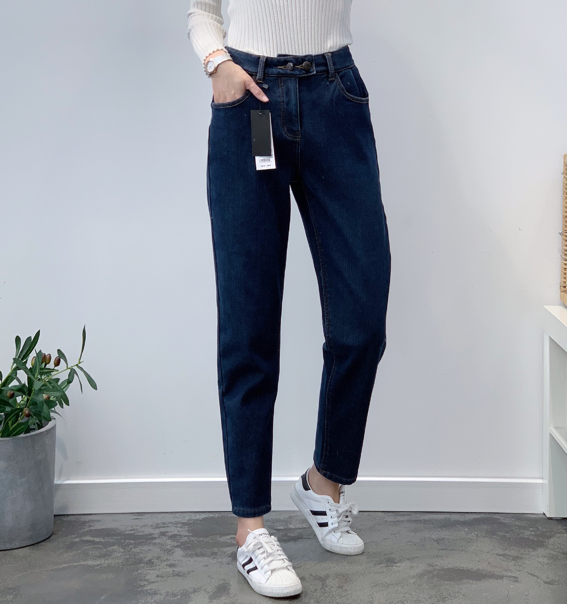 工厂店 现货 弹力高腰女老爹裤 加绒加厚款复合一体绒 批发