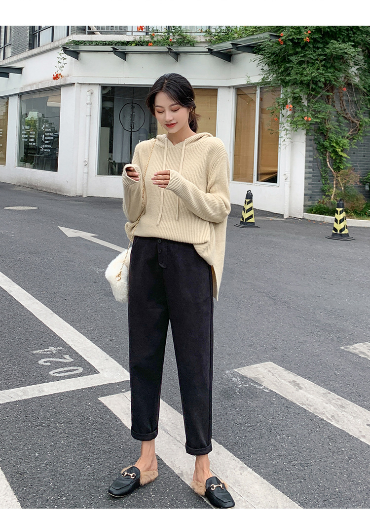 实拍2019秋冬毛呢老爹裤哈伦裤学生萝卜裤休闲运动裤大码女裤7736
