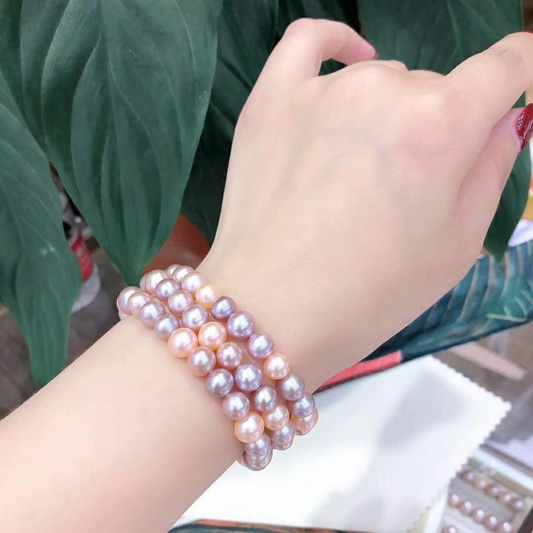 7一8mm淡水近圆无瑕彩色珍珠手链可弹力伸缩佩戴方便