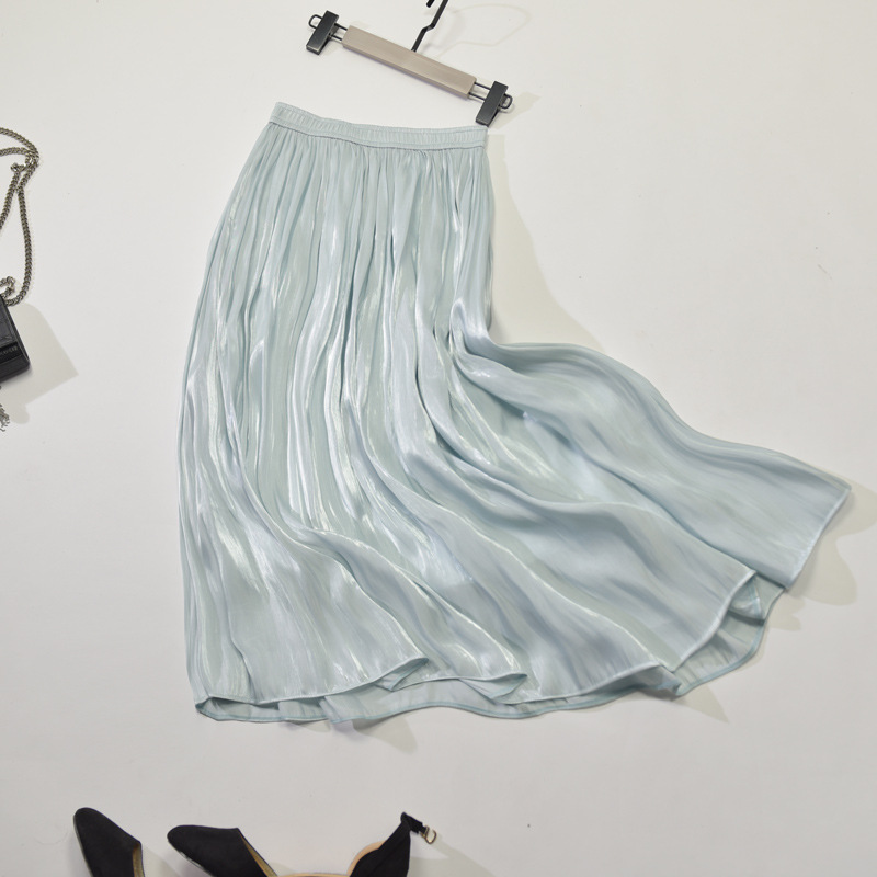 New Spring and Summer Pearlescent Glossy Silky Draping Wide Hem Flowy Pleated Skirt High Waist Mid-Length A- line Skirt Women