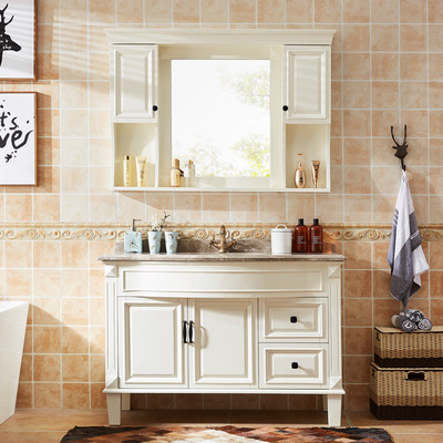 美式浴室柜镜柜橡木弧形落地欧式实木卫浴柜卫生间洗手面盆柜组合