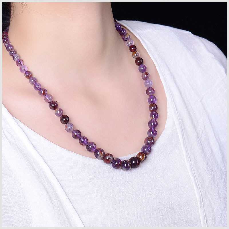 厂供 天然水晶项链紫钛晶塔链紫幽灵圆珠招财智慧石女款送礼饰品