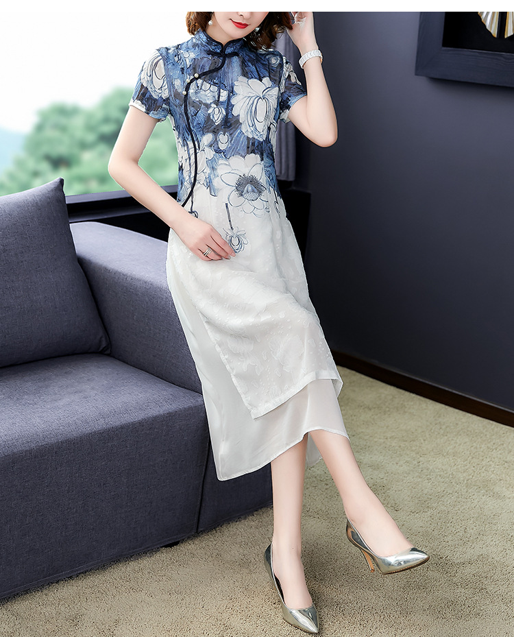 5037中国风旗袍改良版连衣裙女2019夏季新款中长款修身显瘦印花a字裙