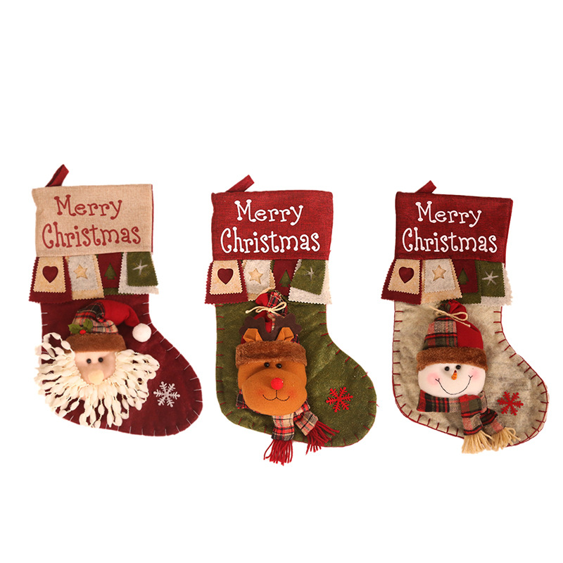 Cross-Border New Arrival Christmas Decorations Linen Printing Creative Cartoon Three-Dimensional Old Man Christmas Stockings Gift Bag Linen Socks