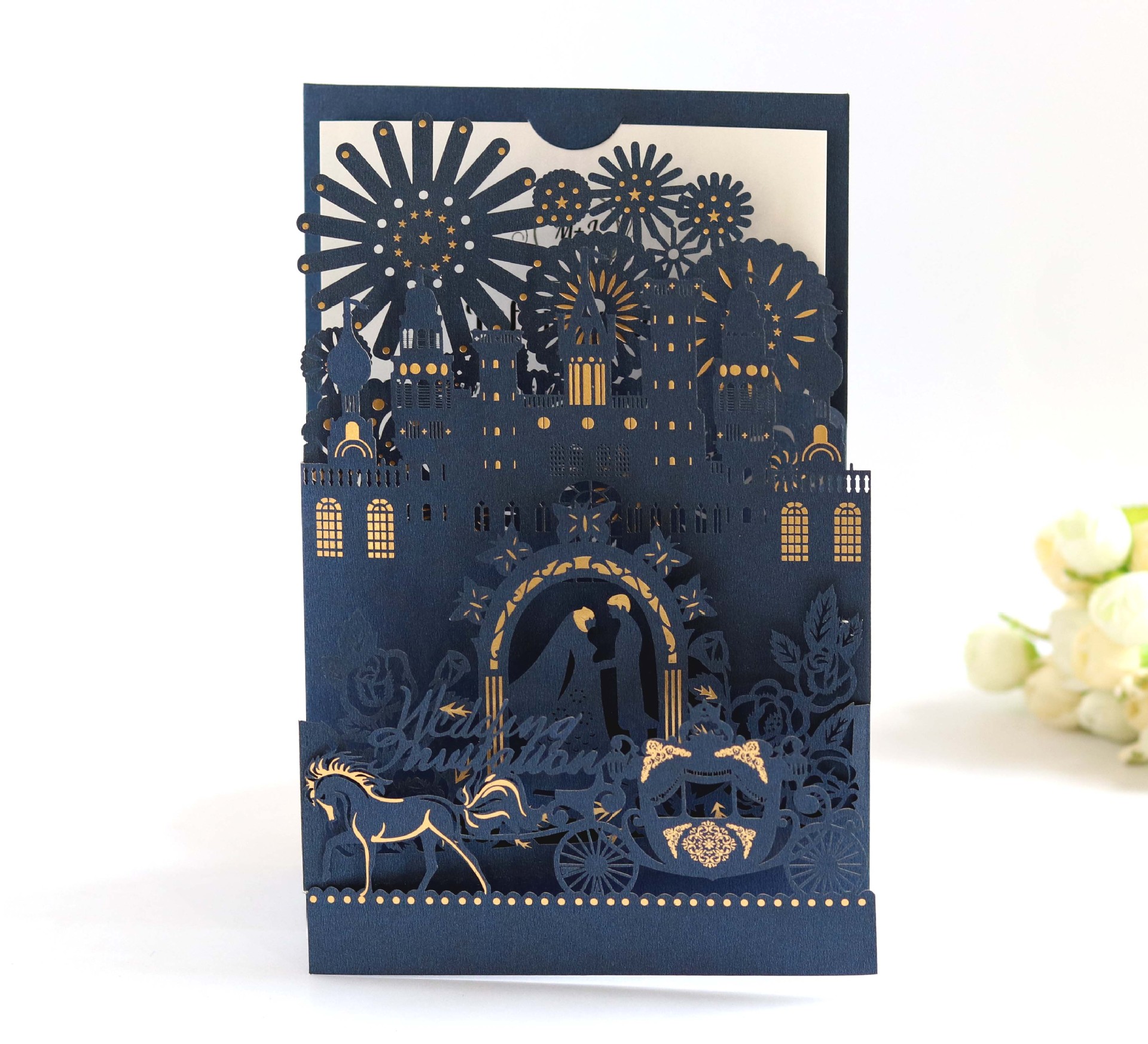 立体城堡烫金激光镂空婚车请柬贺卡婚礼请帖商务邀请卡 销亚马逊