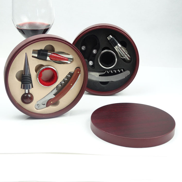不锈钢酒具红酒开瓶器四件套仿红木圆盒套装葡萄酒开瓶器套装